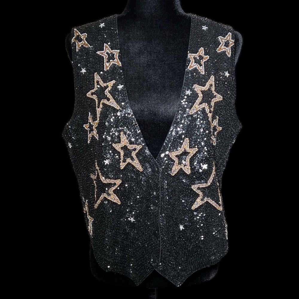 Halsey Collection - Sequins Stars Button Front Vest - Size S